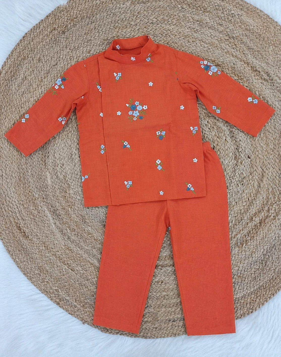 Floral kurtha pyjama set-Orange