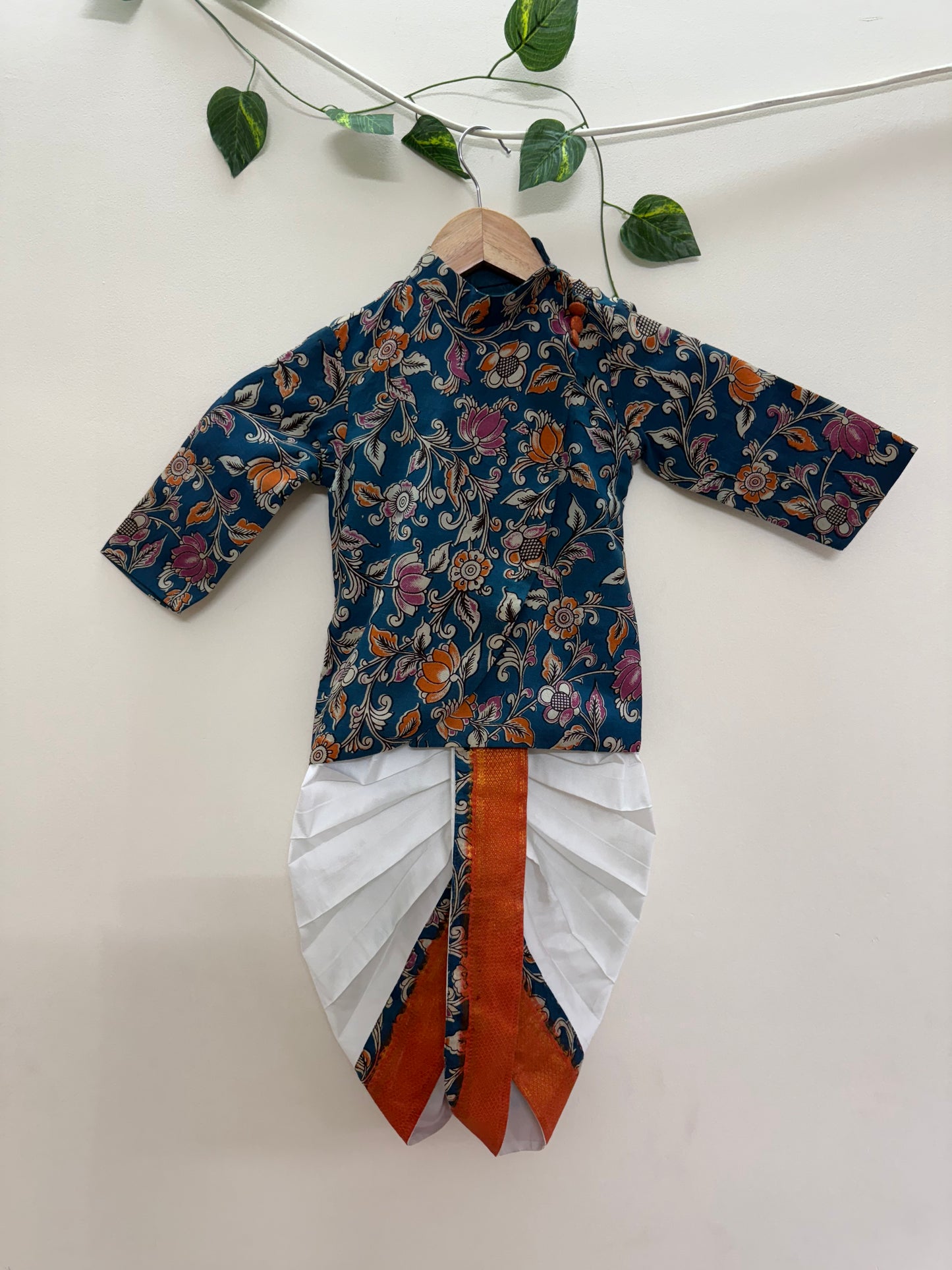Kalamkari dhothi set-Teal blue