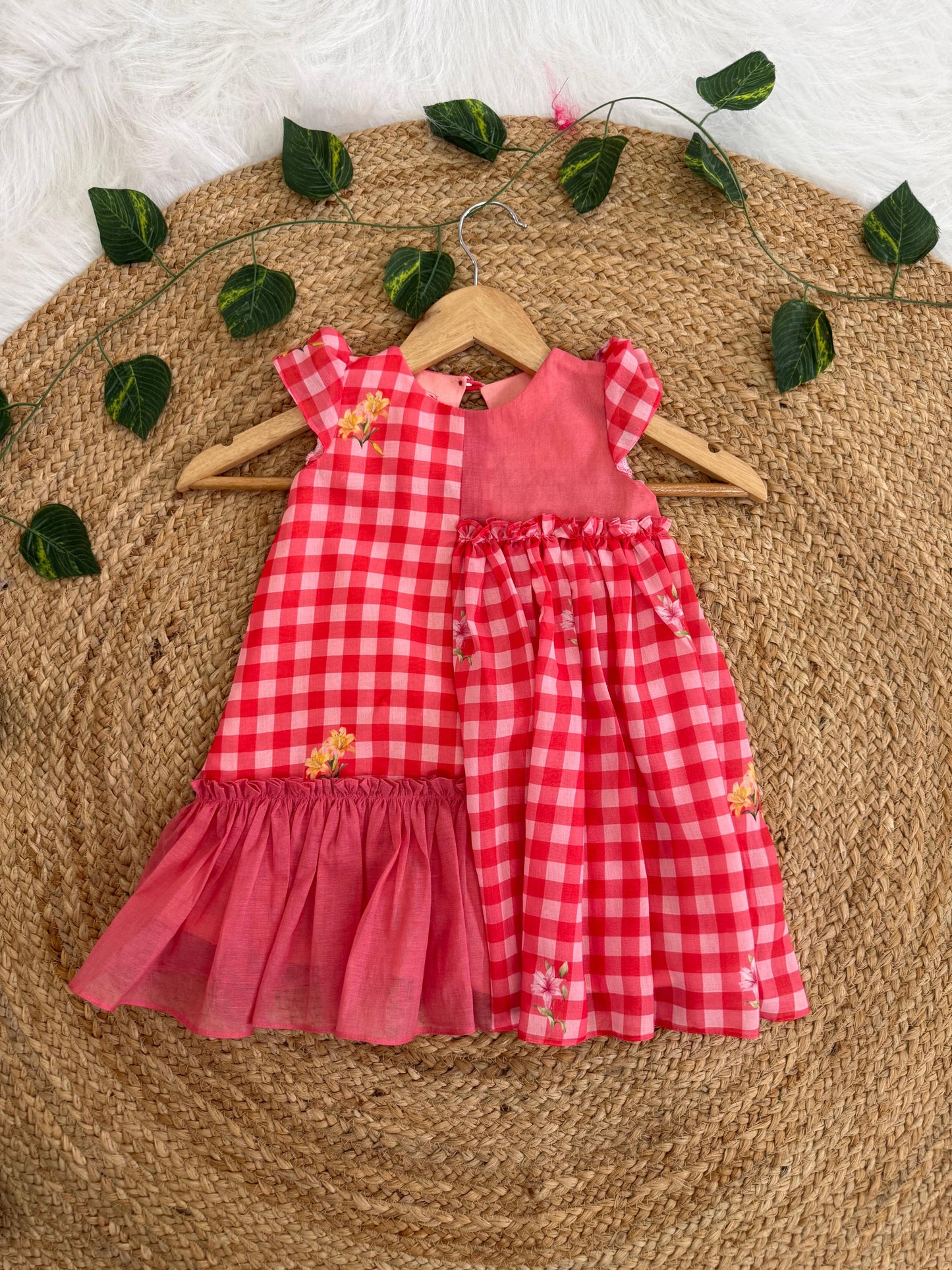 Floral Checks Frock - pink