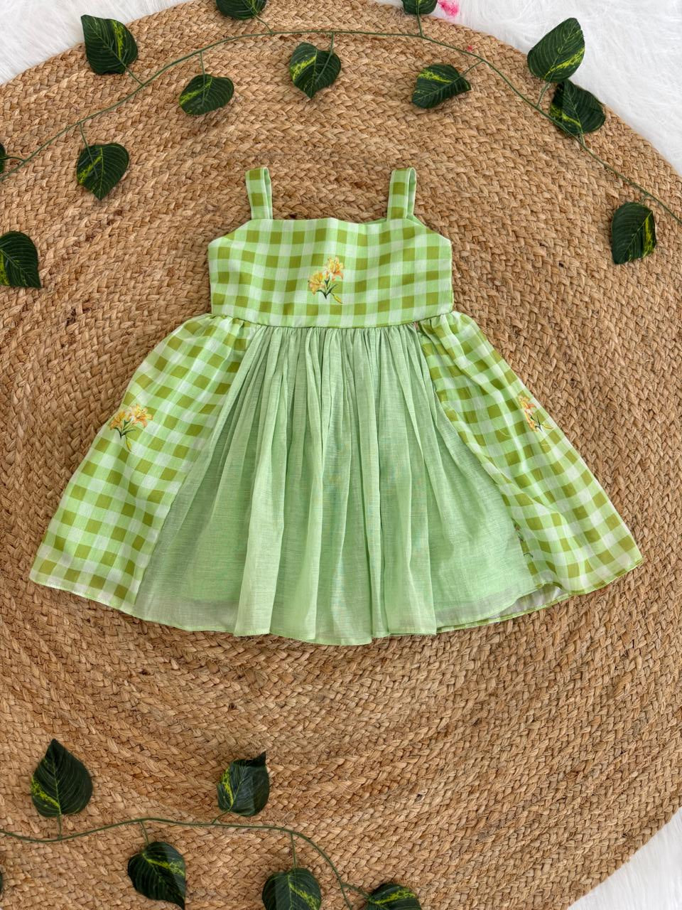 Floral Checks Frock -Mint green