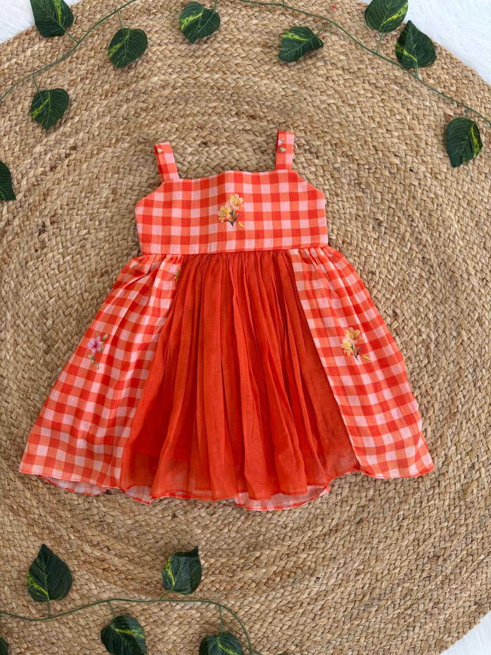 Floral Checks Frock -Orange