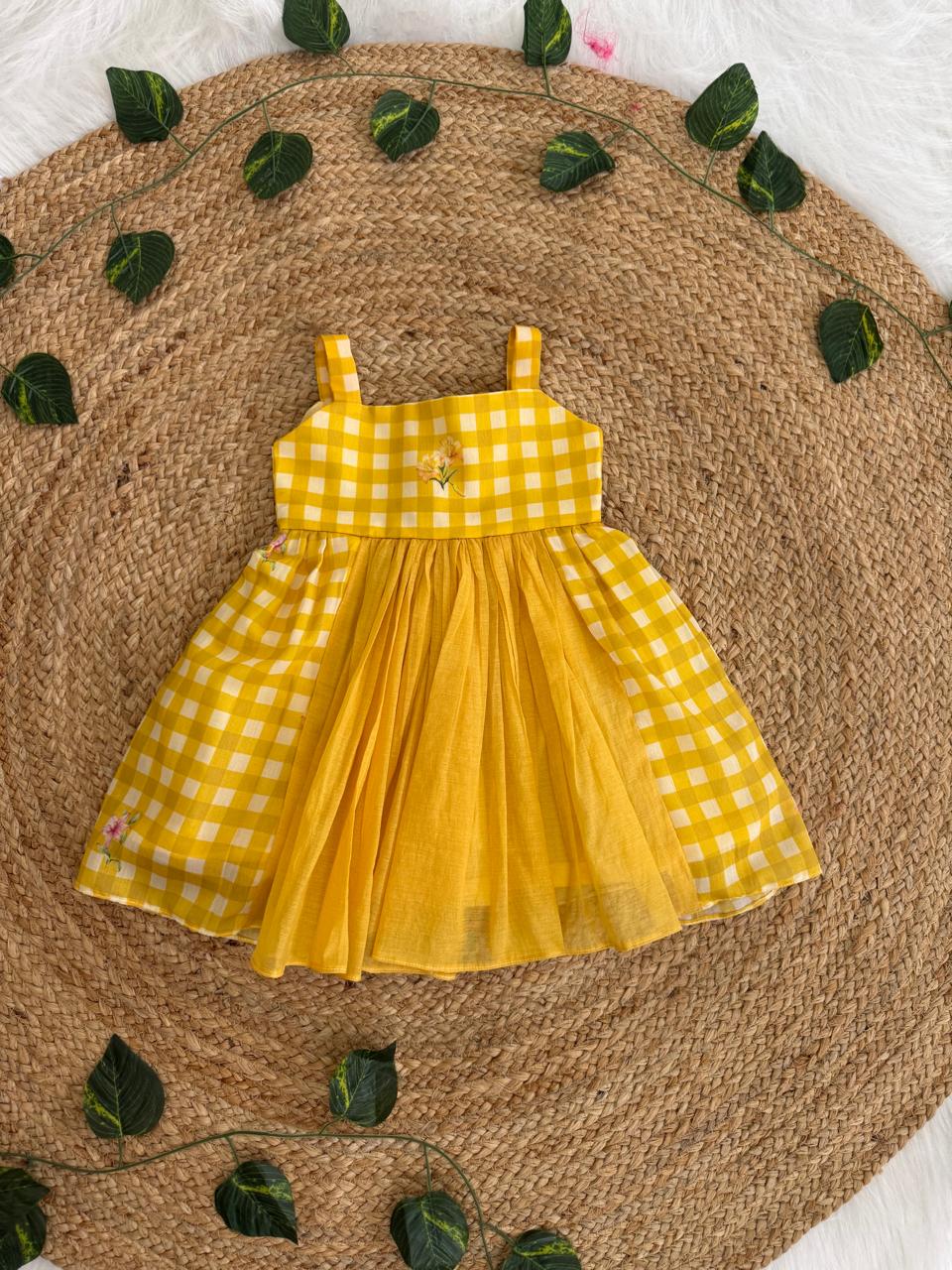 Floral Checks Frock - yellow