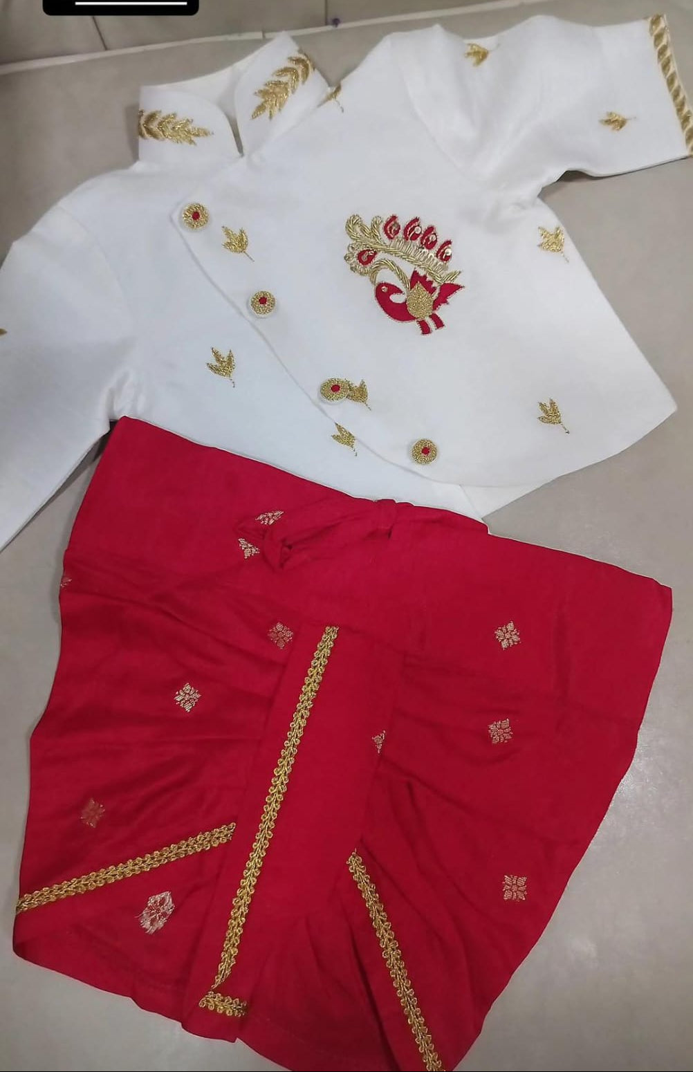Red Peacock Motif Dhoti Set