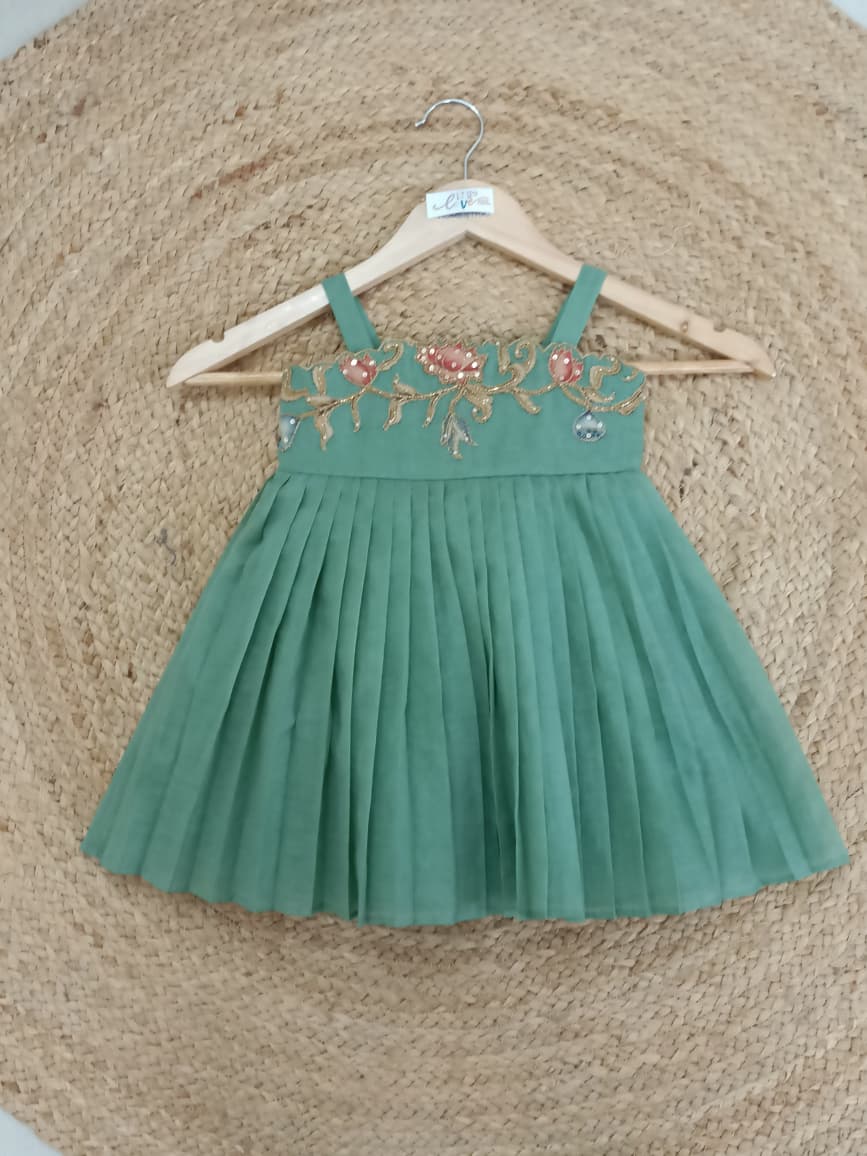Floral Applique Frock - Teal Green