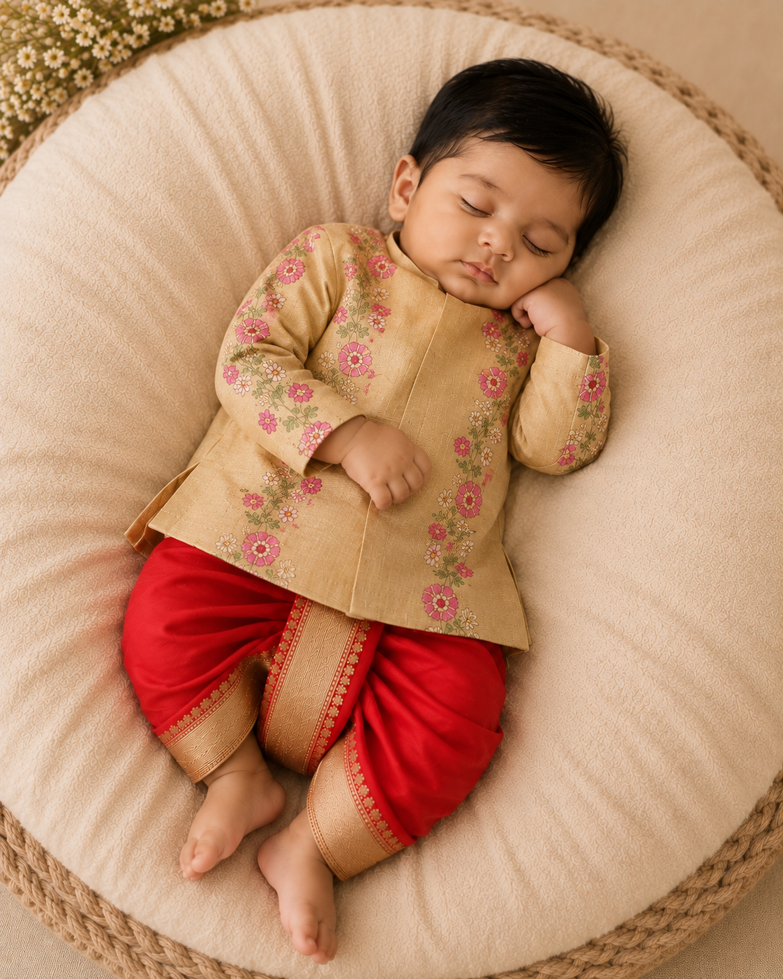 Mini Floral embroidery dhothi set - Red