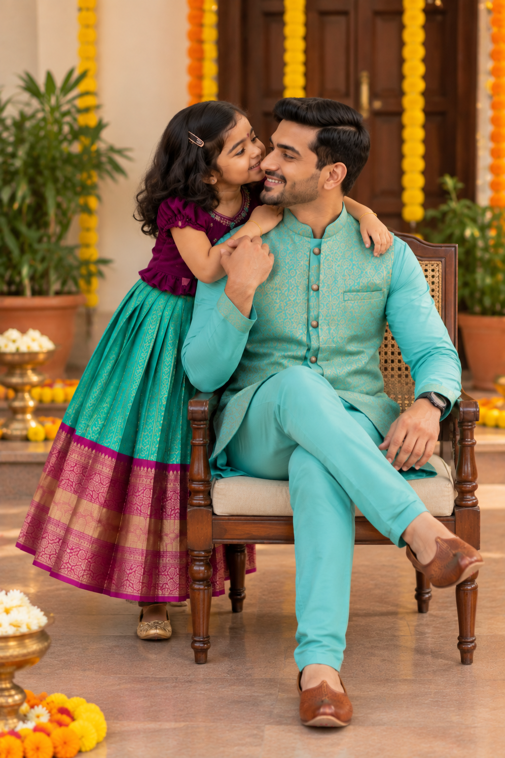 Kanjeevaram Duo F&D Set - Teal Green