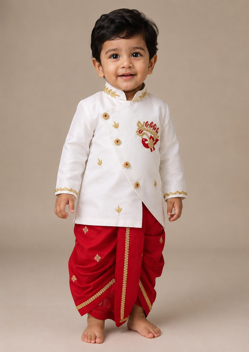 Red Peacock Motif Dhoti Set