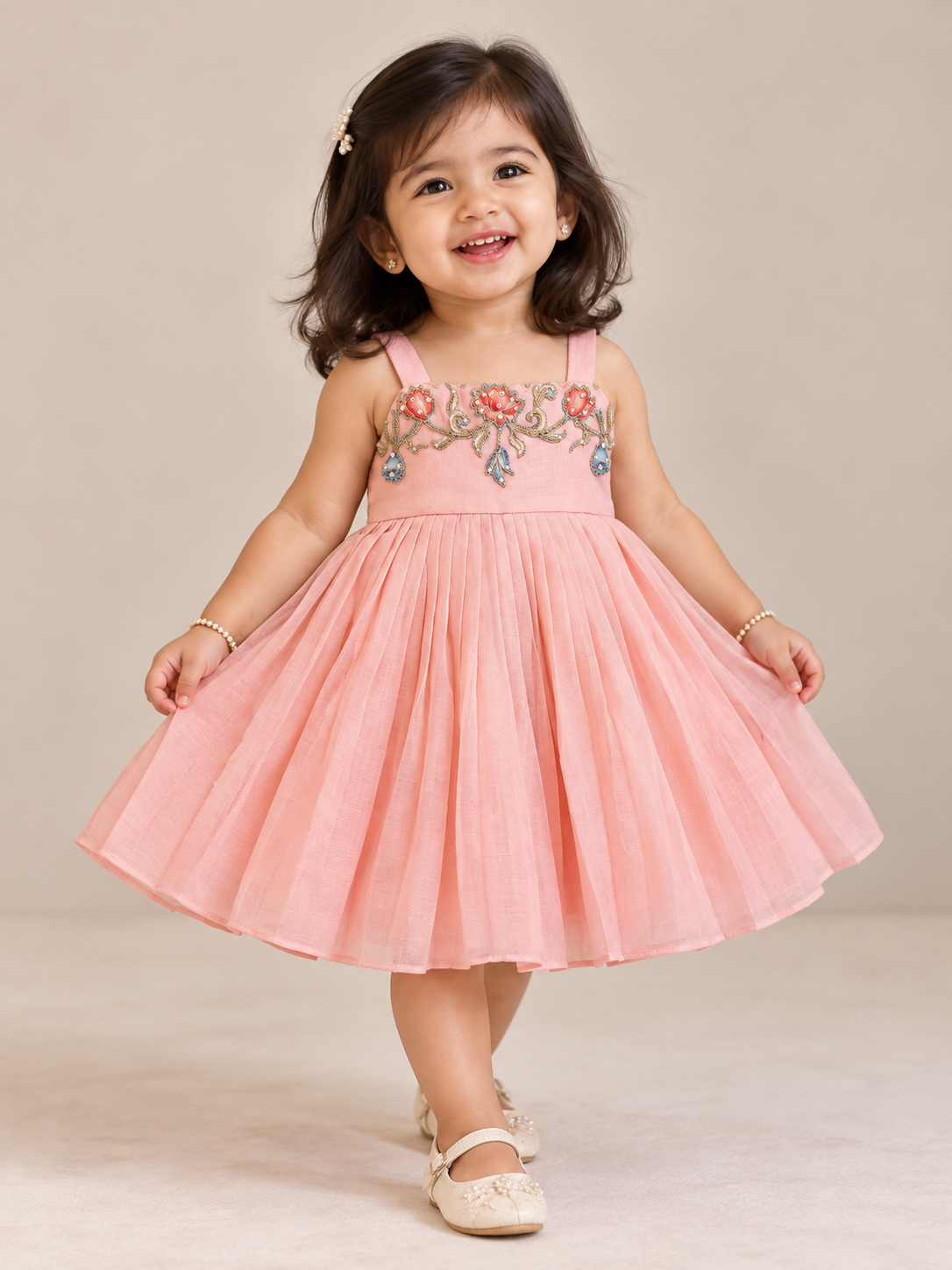 Floral Applique Frock - Peach