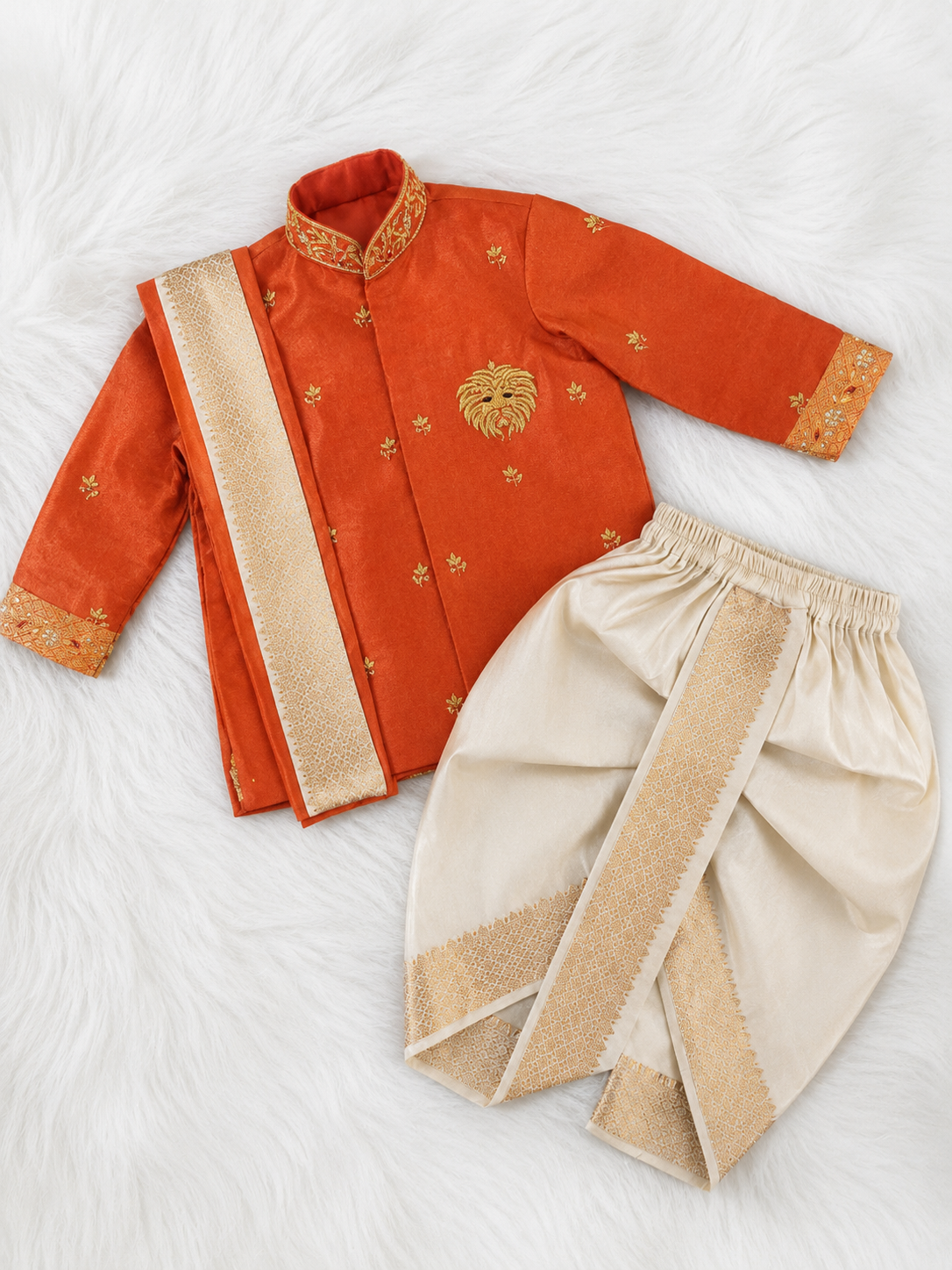 Orange Lion Motif Dhoti Set