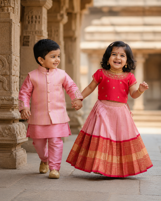Kanjeevaram Sibling Set - light pink