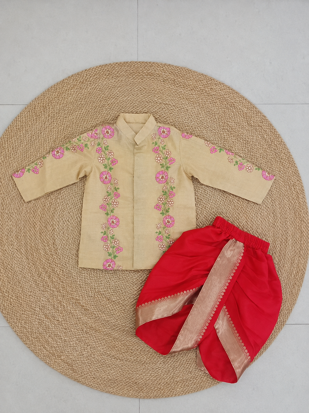 Mini Floral embroidery dhothi set - Red