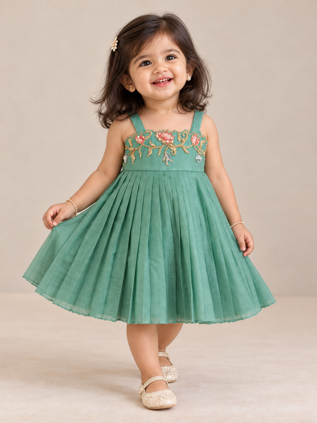 Floral Applique Frock - Teal Green