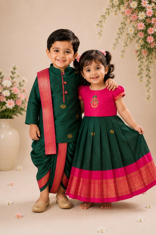 Ethnic Sibiling Set -Green&Pink