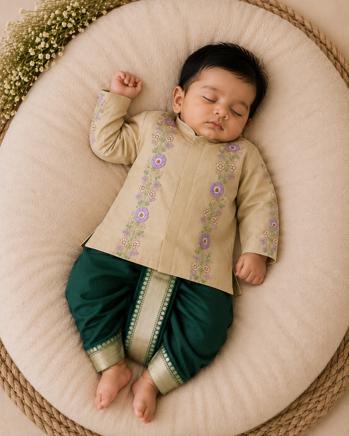 Mini Floral embroidery dhothi set-Green
