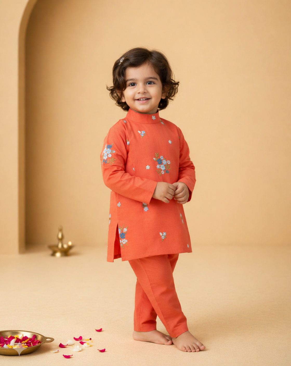 Floral kurtha pyjama set-Orange