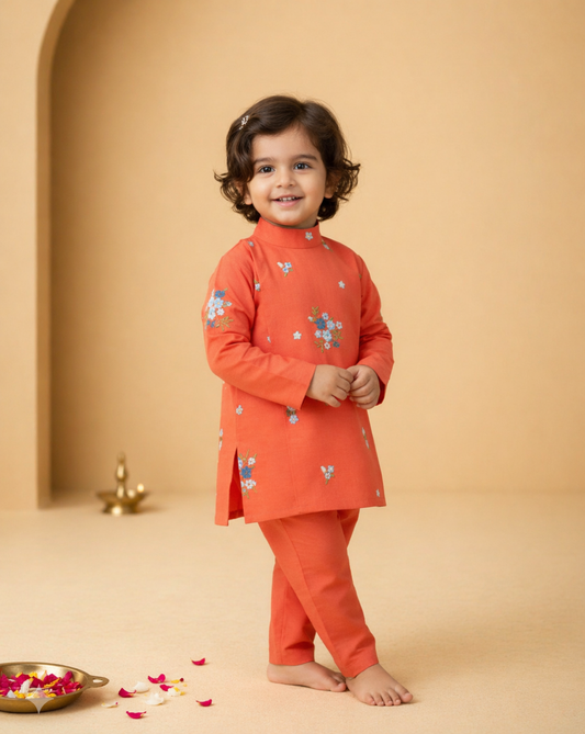 Floral kurtha pyjama set-Orange