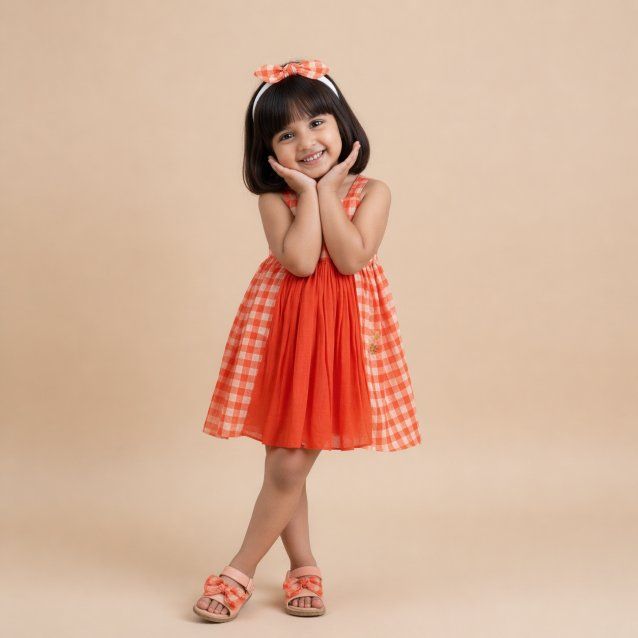 Floral Checks Frock -Orange
