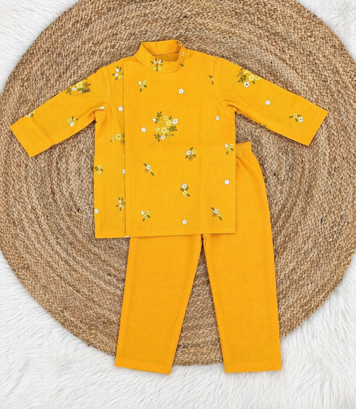 Floral kurtha pyjama set-Yellow
