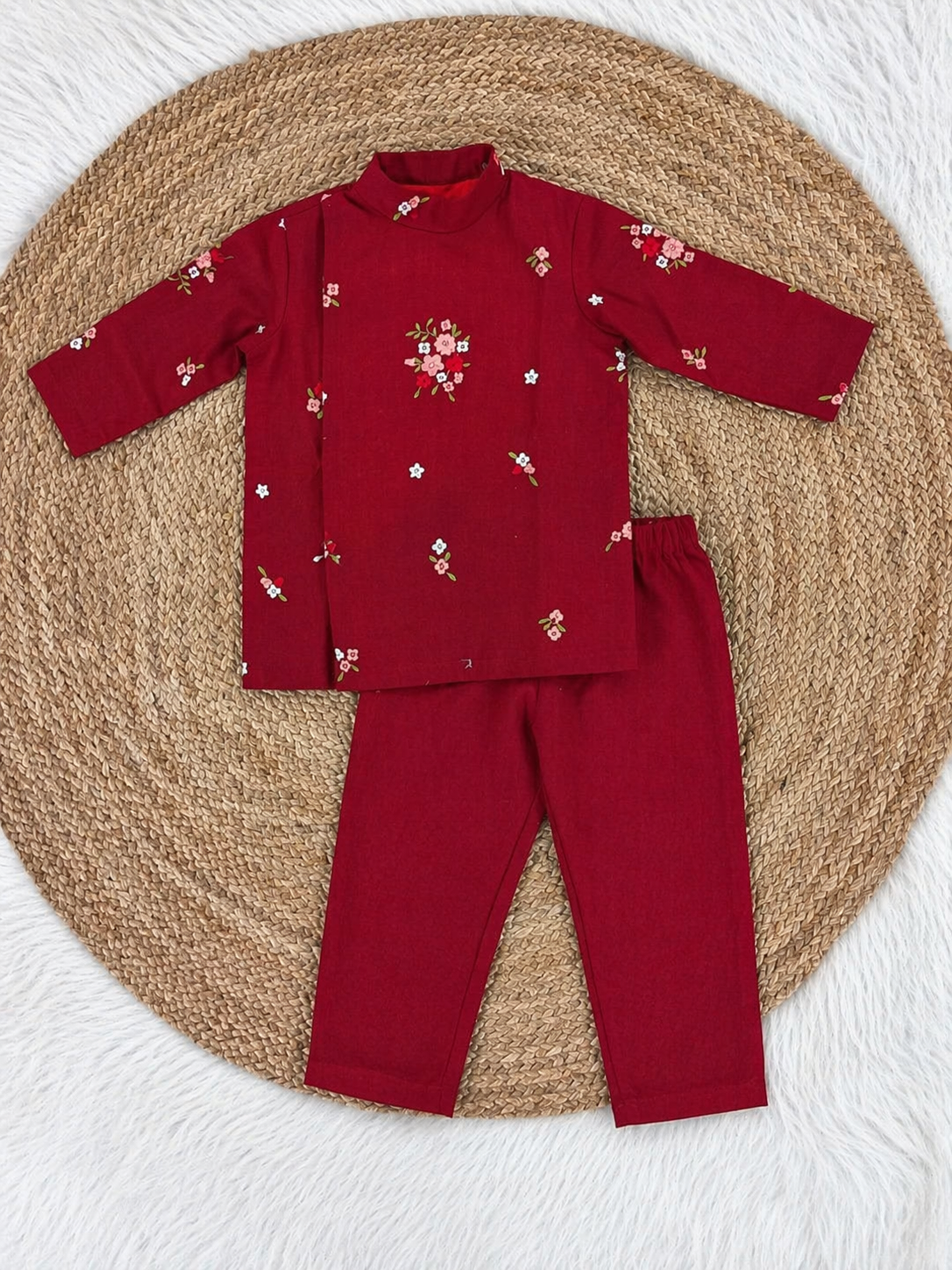 Floral kurtha pyjama set-Maroon