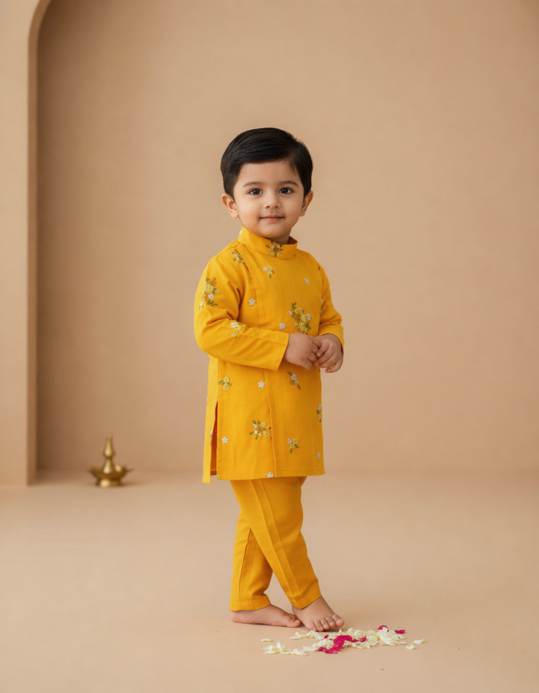 Floral kurtha pyjama set-Yellow