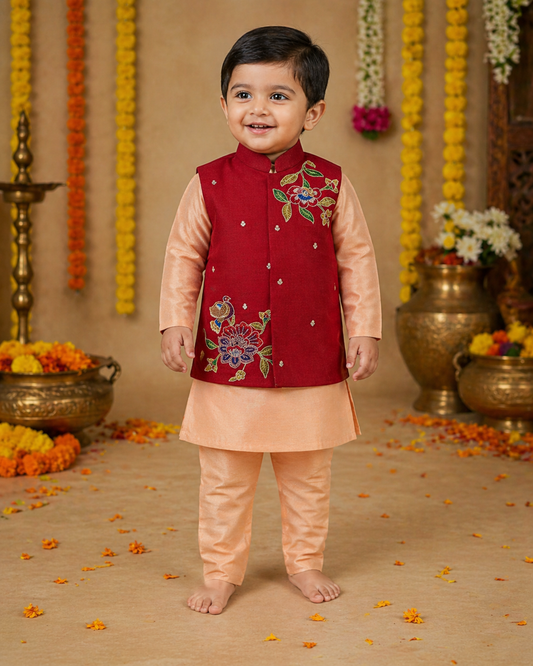 Applique floral nehru jacket set.