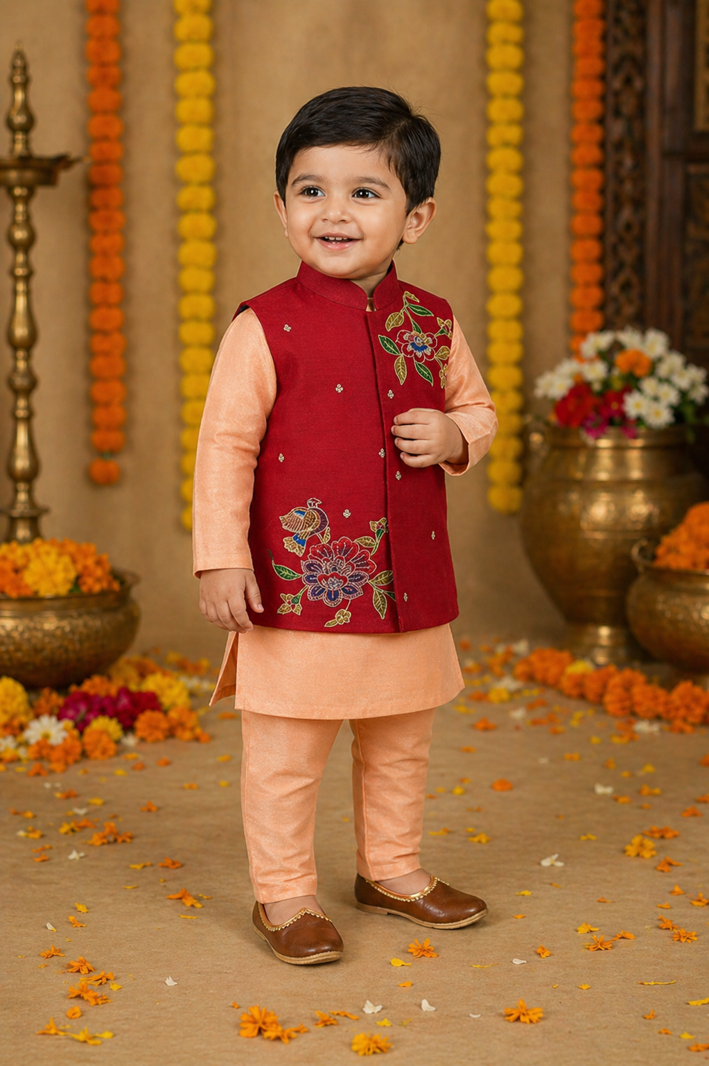 Applique floral nehru jacket set.