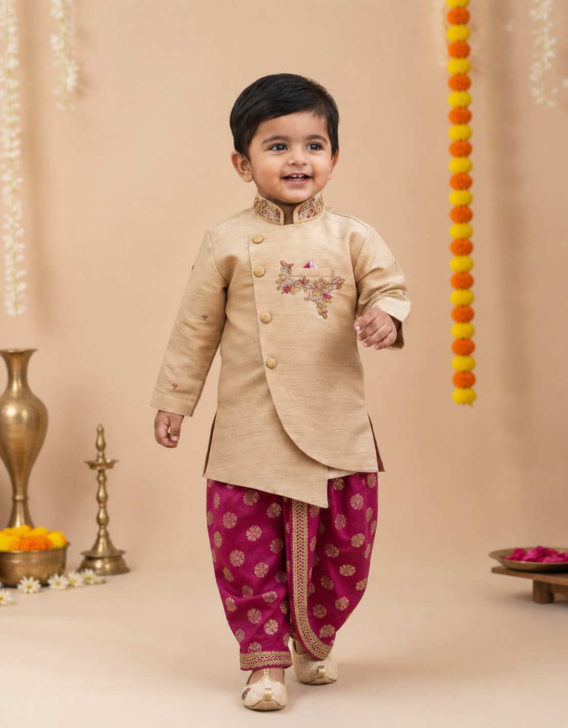 Golden kurtha dhothi set.