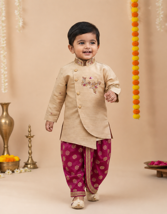Golden kurtha dhothi set.