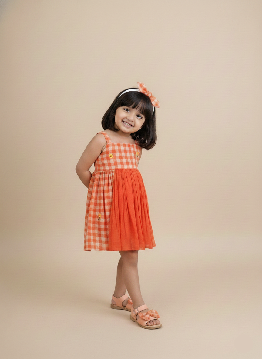 Floral Checks Frock -Orange