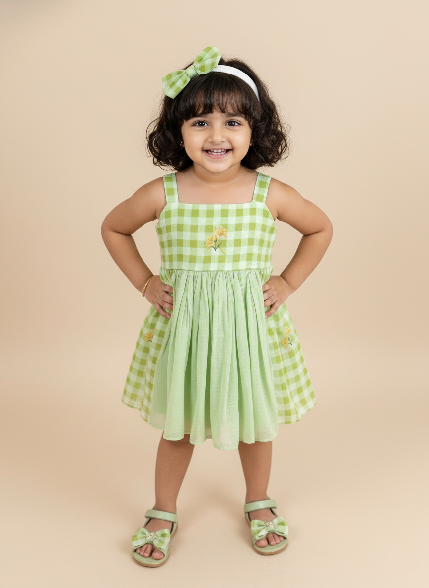 Floral Checks Frock -Mint green