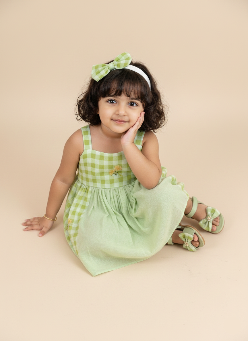 Floral Checks Frock -Mint green