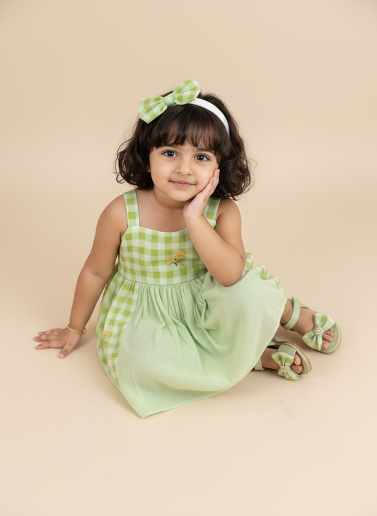 Floral Checks Frock -Mint green