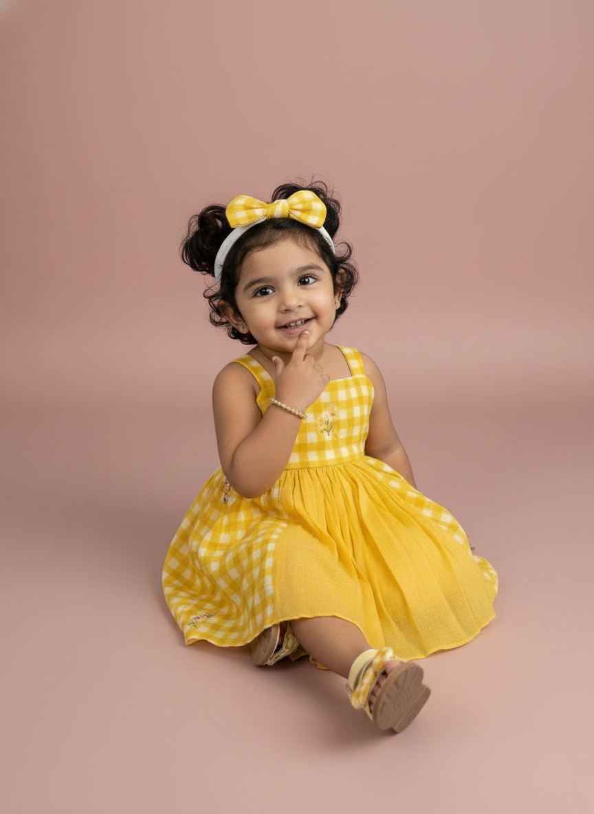 Floral Checks Frock - yellow