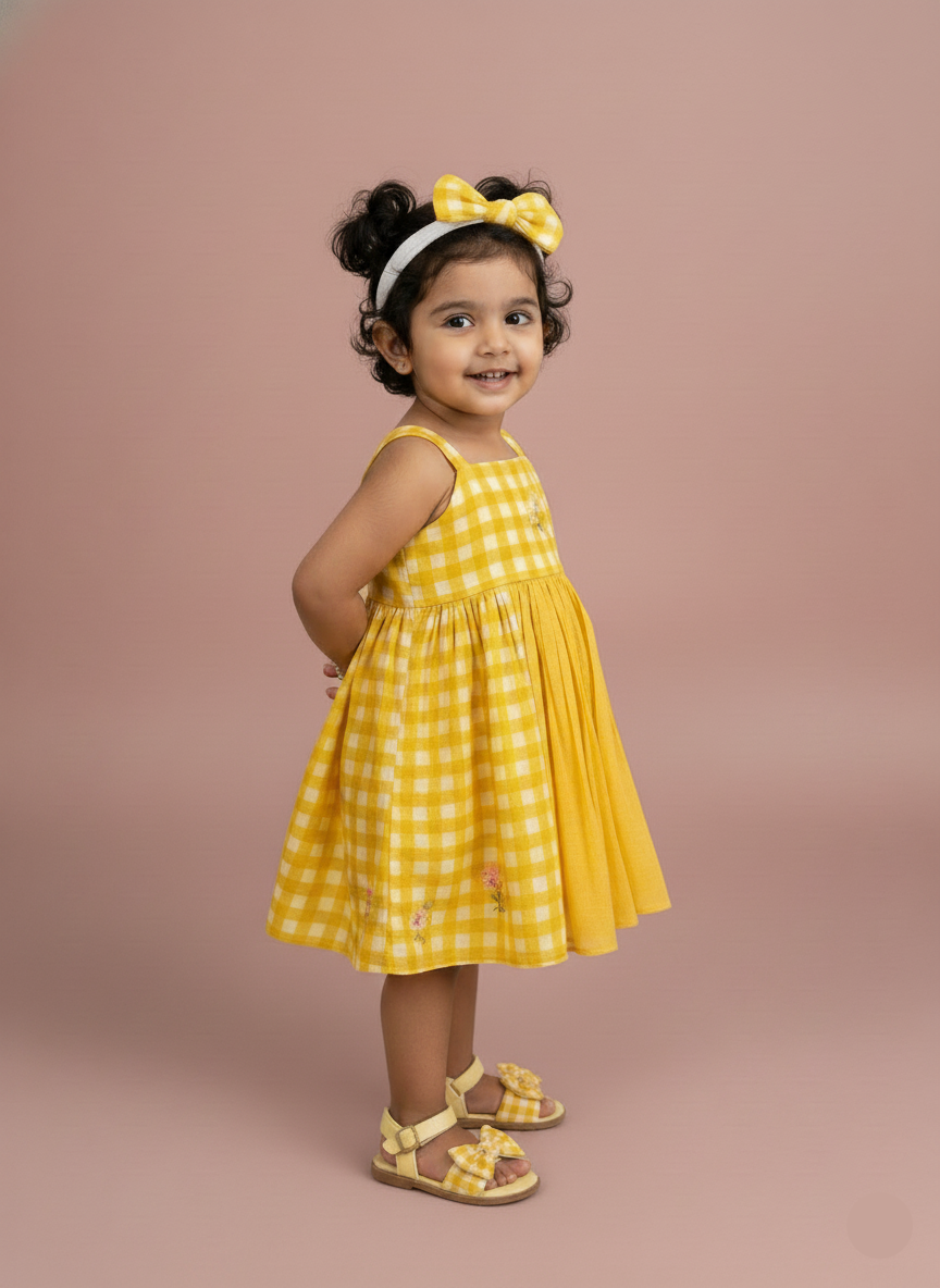 Floral Checks Frock - yellow