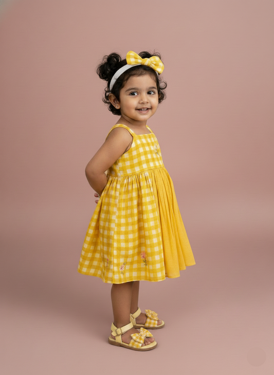Floral Checks Frock - yellow