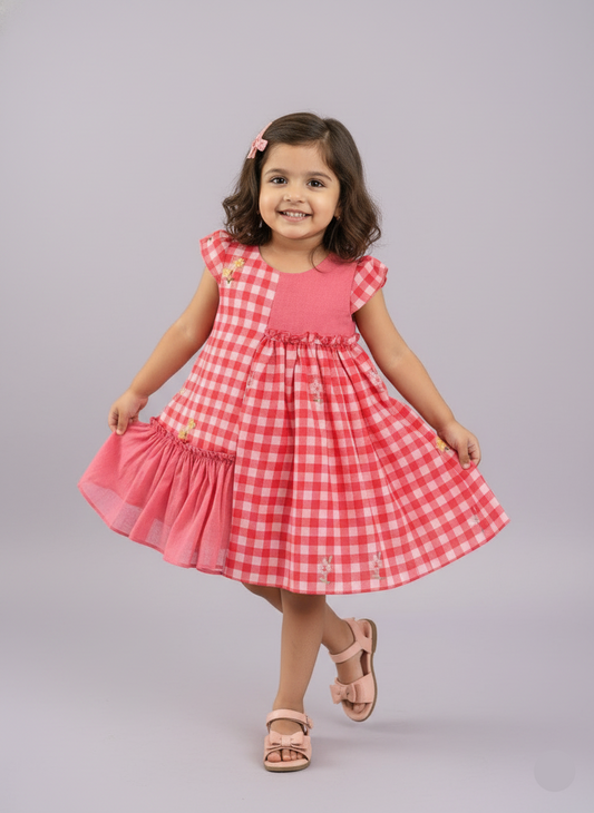Floral Checks Frock - pink