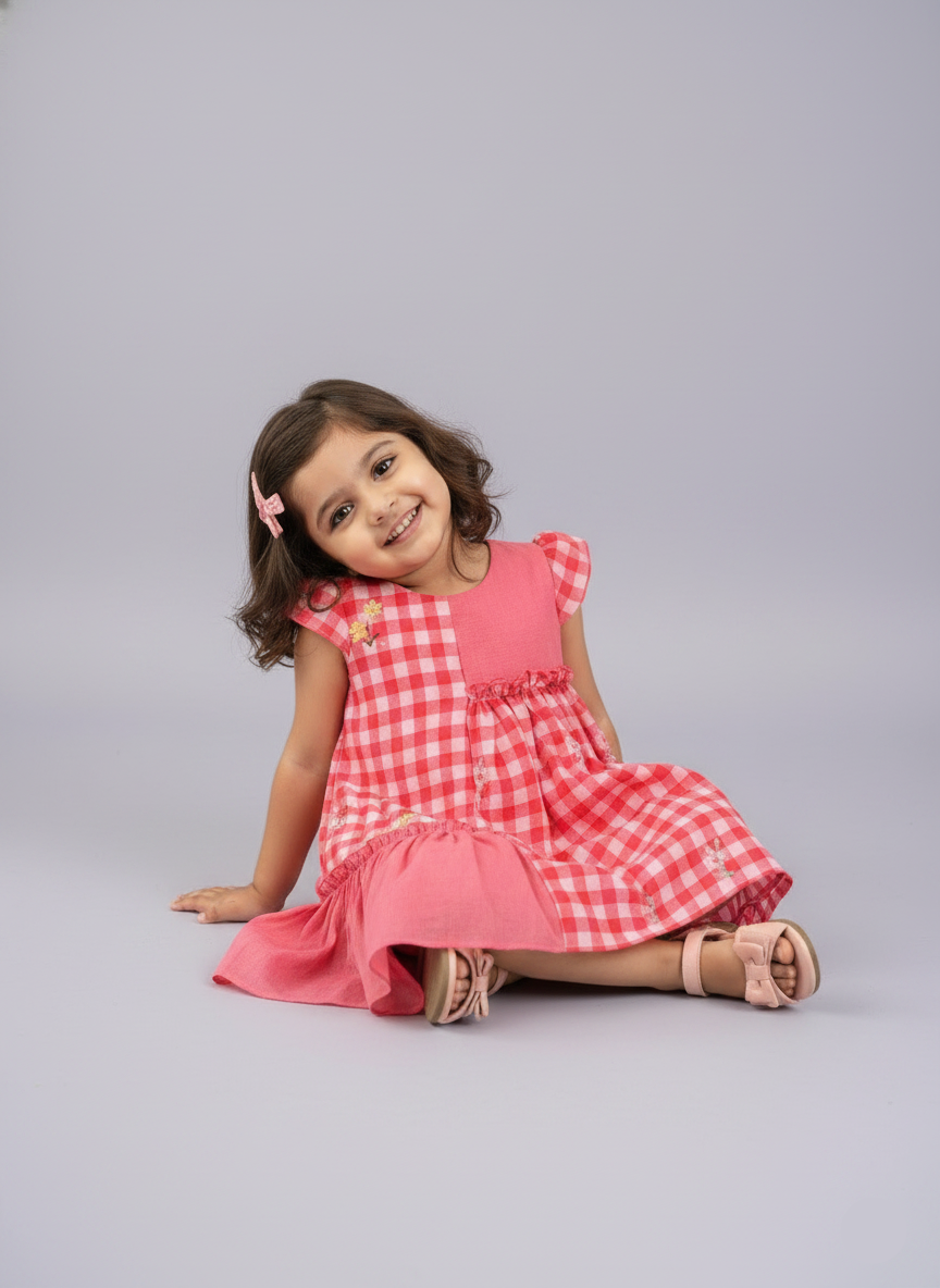 Floral Checks Frock - pink