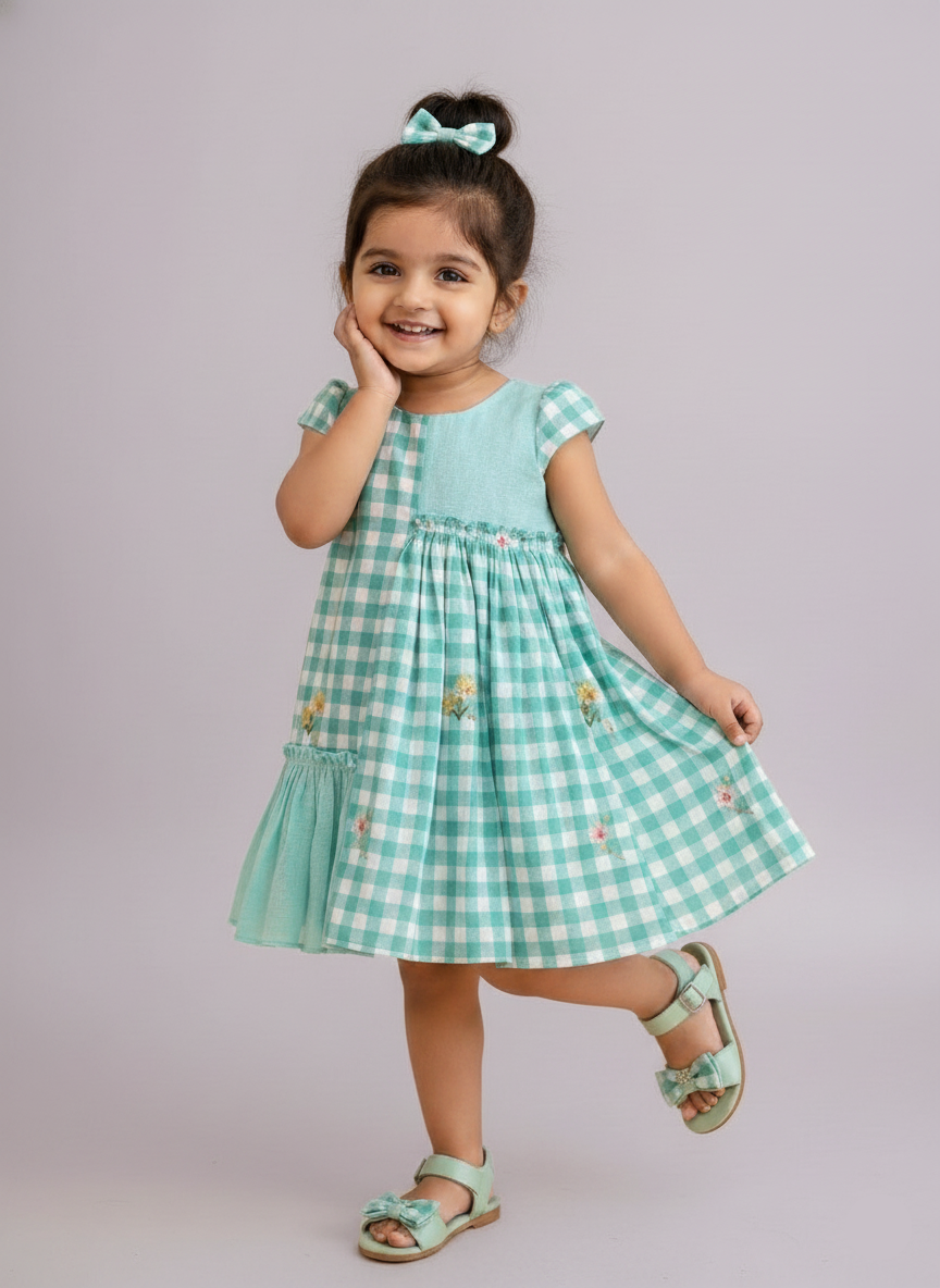 Floral Checks Frock -Pastel blue