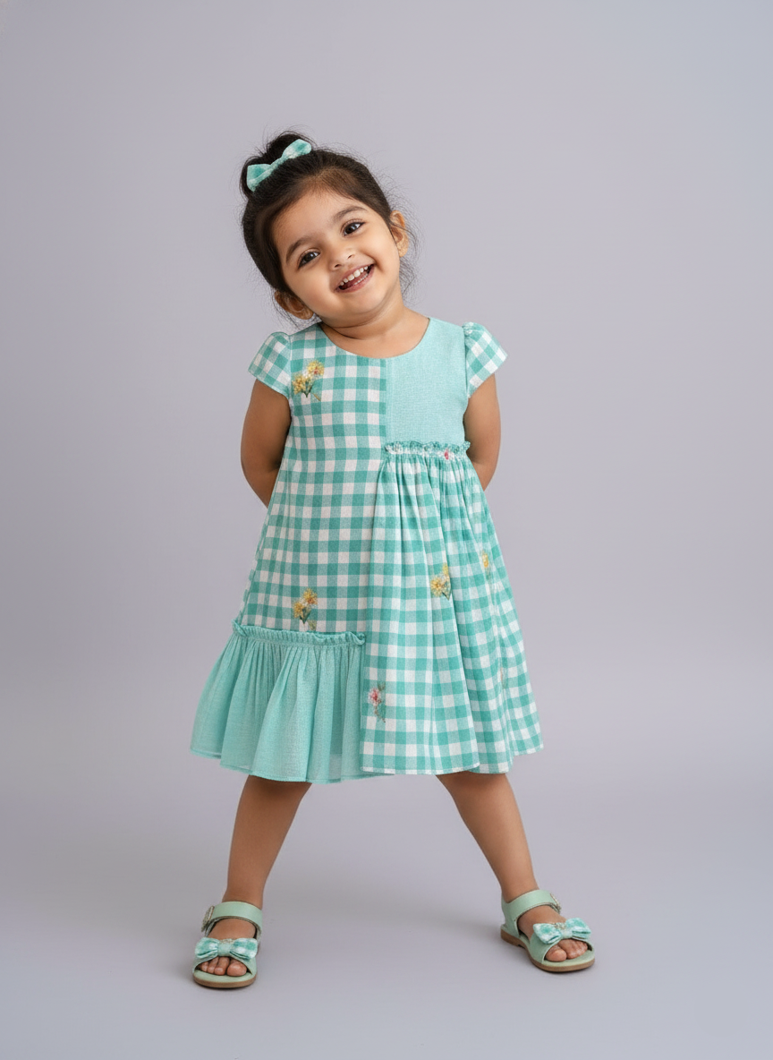 Floral Checks Frock -Pastel blue