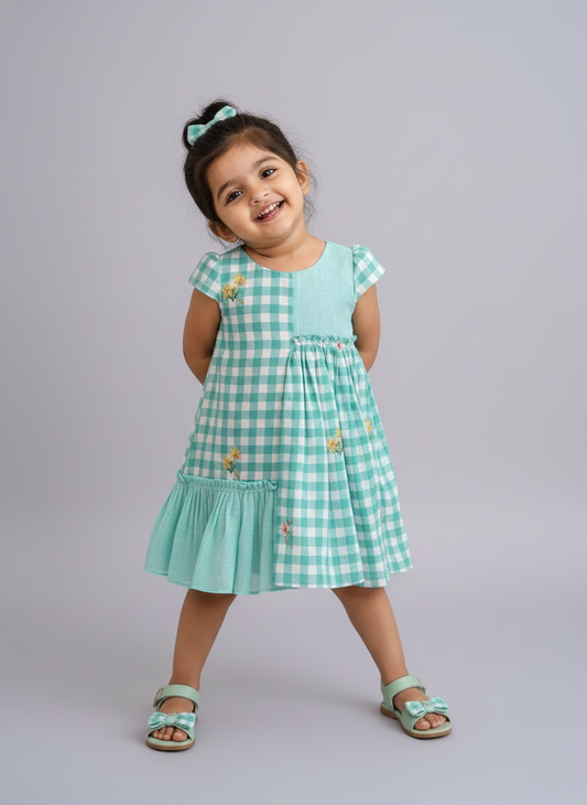 Floral Checks Frock -Pastel blue