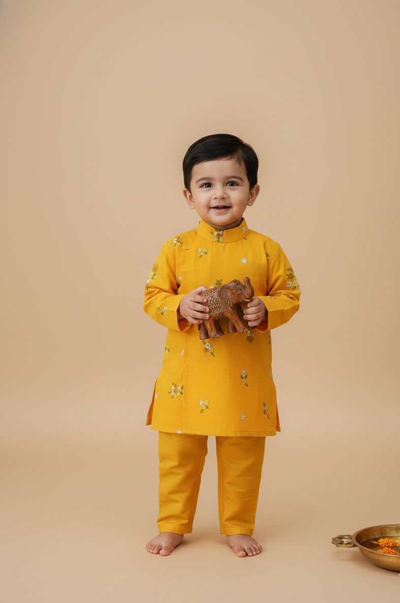 Floral kurtha pyjama set-Yellow