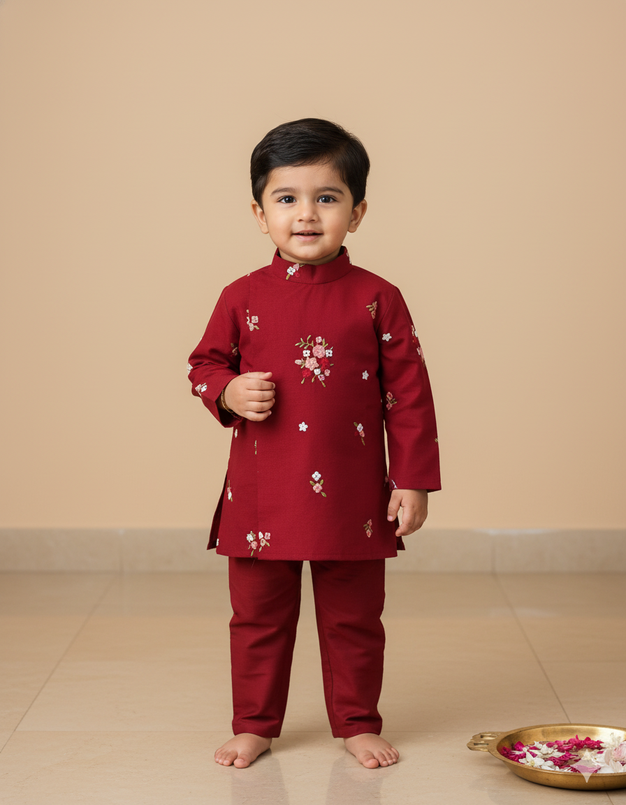 Floral kurtha pyjama set-Maroon