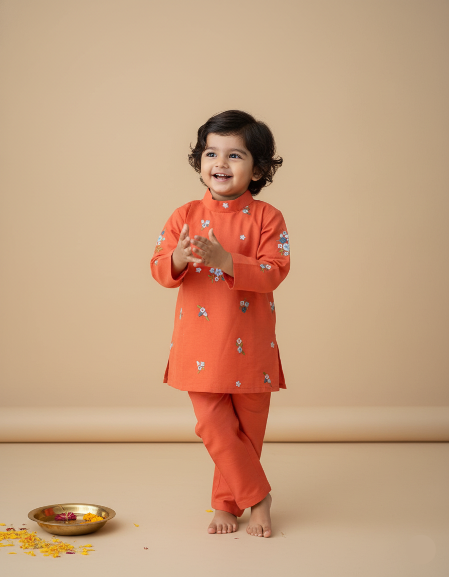 Floral kurtha pyjama set-Orange