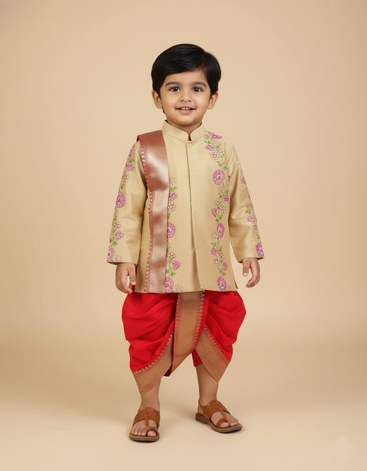 Floral embroidery dhothi set-Red