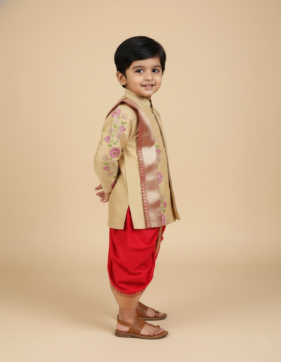 Floral embroidery dhothi set-Red