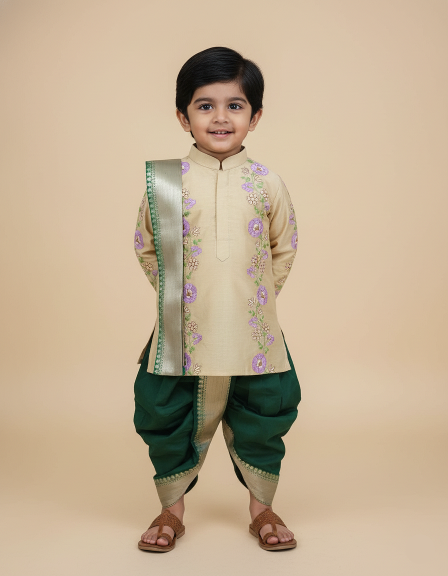 Floral embroidery dhothi set-Green
