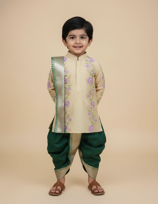 Floral embroidery dhothi set-Green