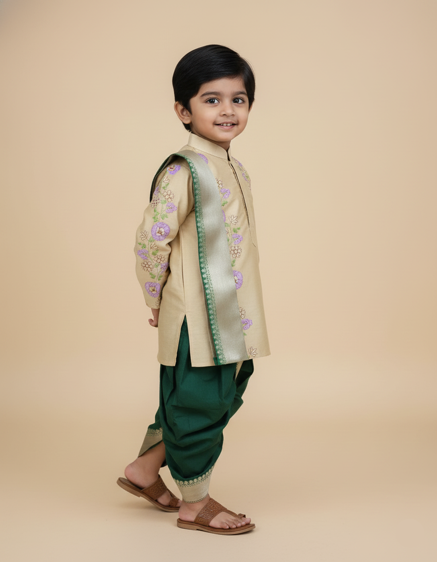 Floral embroidery dhothi set-Green