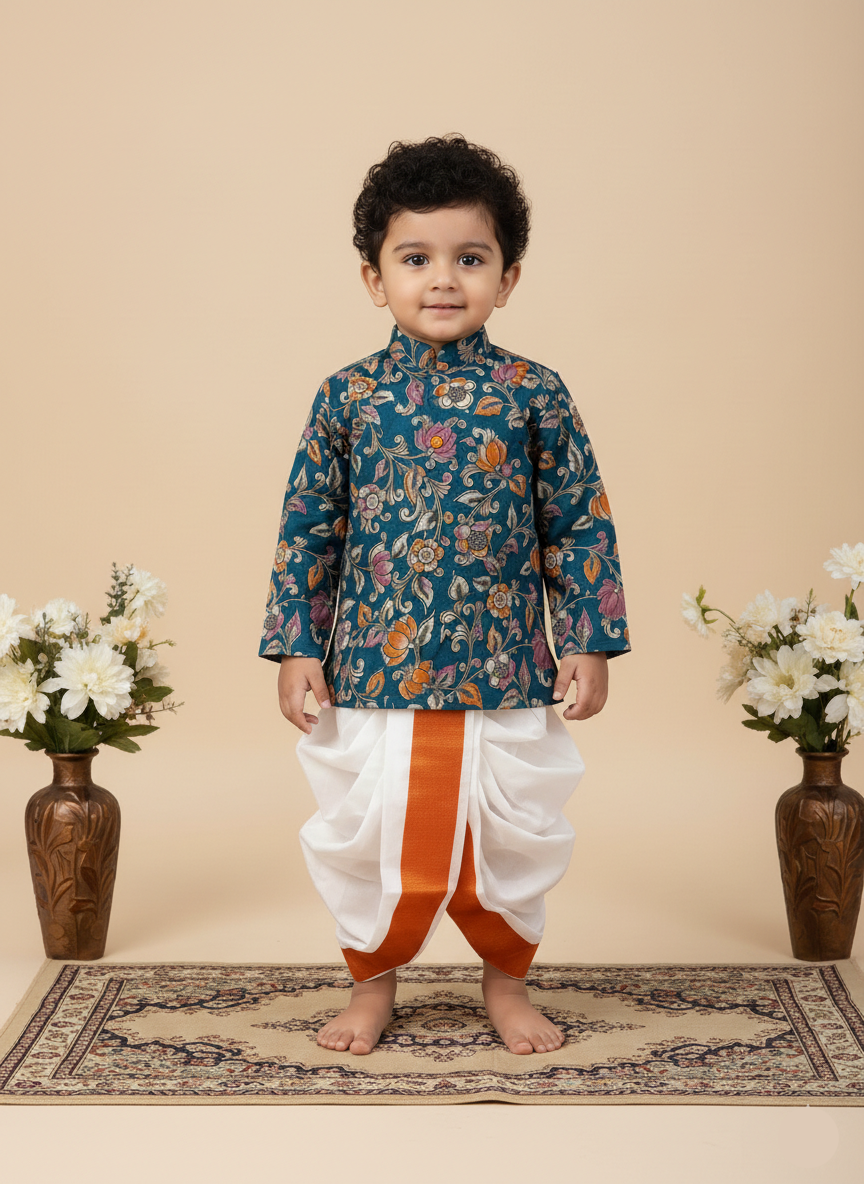 Kalamkari dhothi set-Teal blue