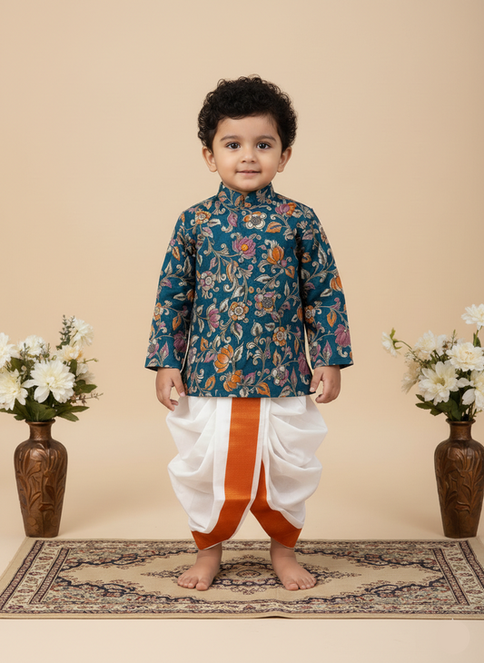 Kalamkari dhothi set-Teal blue